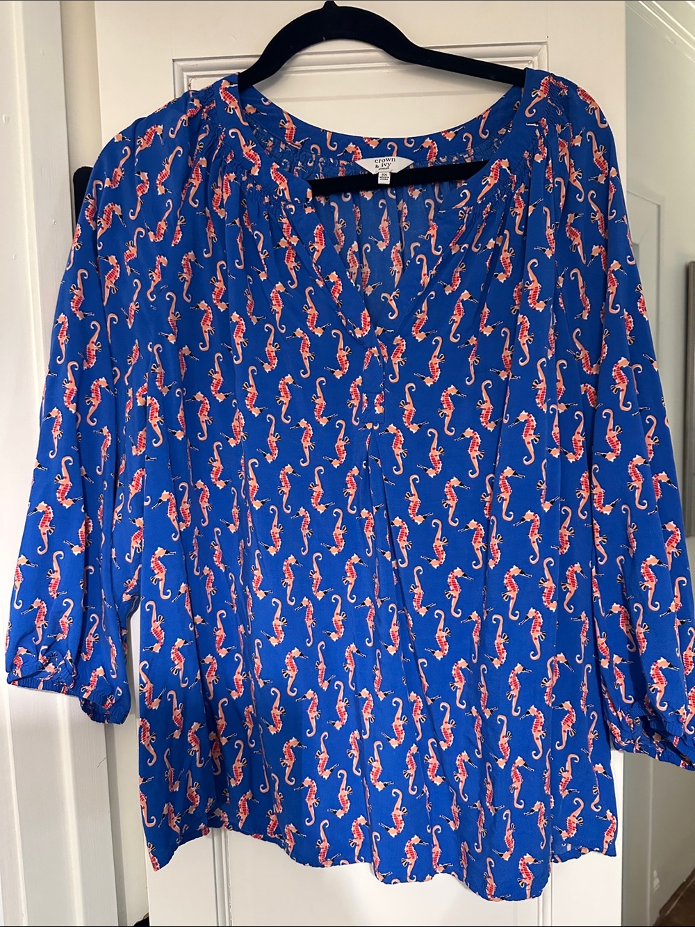 Crown & Ivy Blue Blouse with Coral Seahorse Print 3X